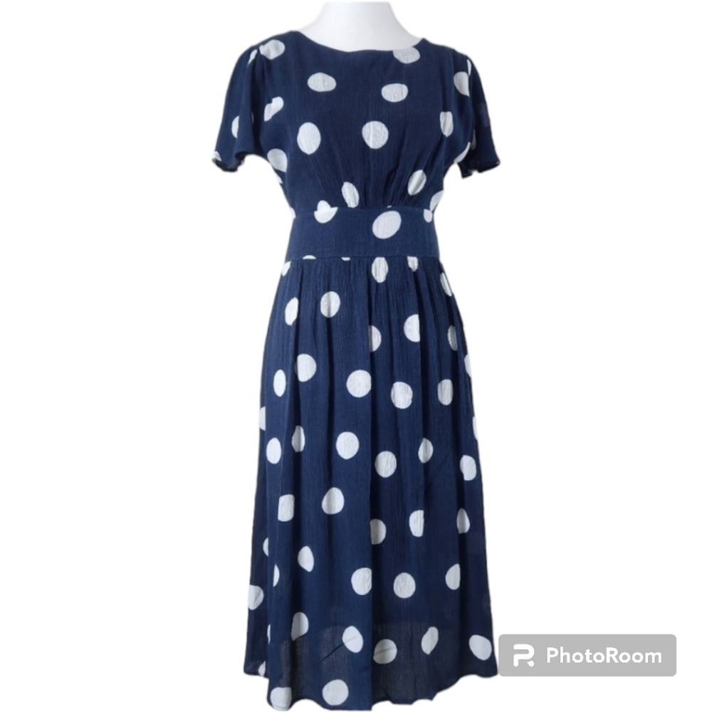 Roolee Navy Blue & White Polka Dot Midi Dress